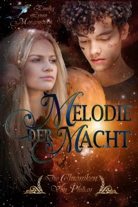 Cover von "Melodie der Macht" High-Fantasy für Erwachsene. Auf dem Bild ist links eine blonde junge Frau zu sehen, die in unbestimmte Ferne blickt. In ihrem hellblonden Haar glitzern die Sterne des Hintergrunds. Rechts oben blickt ein braunhaariger junger Mann mit Ringellocken auf einen gelblichen Planeten herab hinter dem soeben die Sonne aufgeht. Über die Mitte des Bildes zieht sich der Titel: "Melodie der Macht" in blauen geschwungenen Buchstaben. Am unteren Bildrand ist der Reihenname "Die Chroniken von Philian" vermerkt und mit zwei Schnörkeln eingefasst.