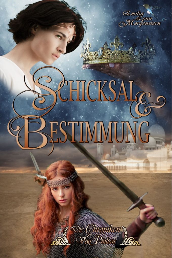 Cover zu "Schicksal & Bestimmung" Die Chroniken von Philian Band 4 von Emilia Lynn Morgenstern High-Fantasy für Erwachsene. Beschreibung des Bildes: Links oben ist ein dunkelhaariger junger Mann zu sehen, der einen goldenen Stirnreif trägt. Er beugt etwas den Kopf. Rechts wird ihm von einer Hand, die aus Sternennebel hervorragt eine Krone gereicht. Im unteren Bereich des Bildes ist eine rothaarige junge Frau in Kampfstellung zu sehen. In der hinteren Hand hält sie einen Dolch, in der vorderen Hand ein Schwert. Sie trägt ein Kettenhemd und ihre wallende Lockenmähne wird ebenfalls durch ein Kettenband zusammengehalten.